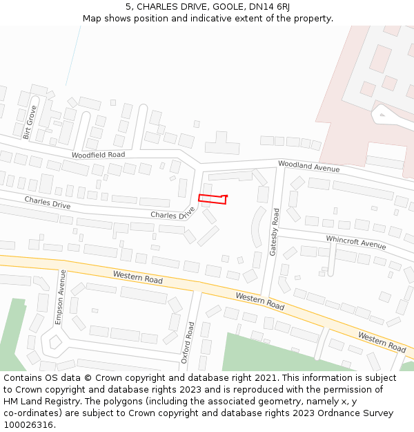 5, CHARLES DRIVE, GOOLE, DN14 6RJ: Location map and indicative extent of plot