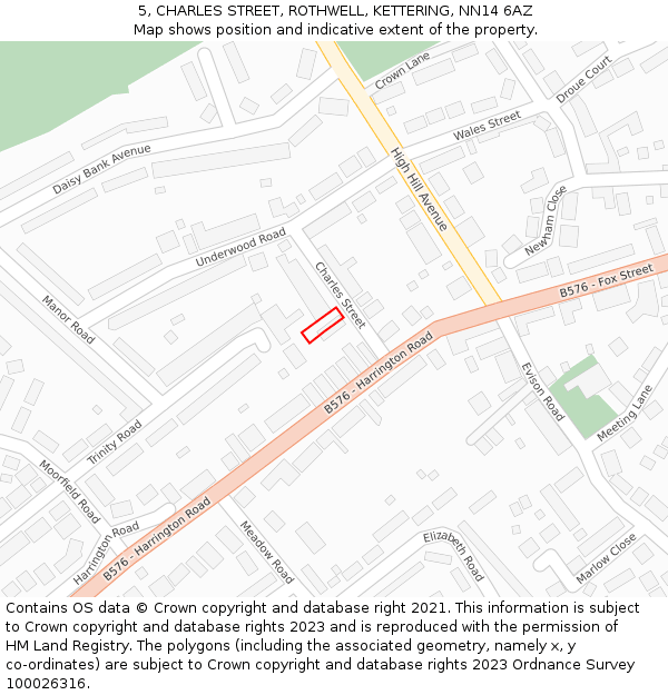 5, CHARLES STREET, ROTHWELL, KETTERING, NN14 6AZ: Location map and indicative extent of plot