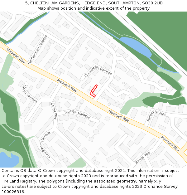 5, CHELTENHAM GARDENS, HEDGE END, SOUTHAMPTON, SO30 2UB: Location map and indicative extent of plot