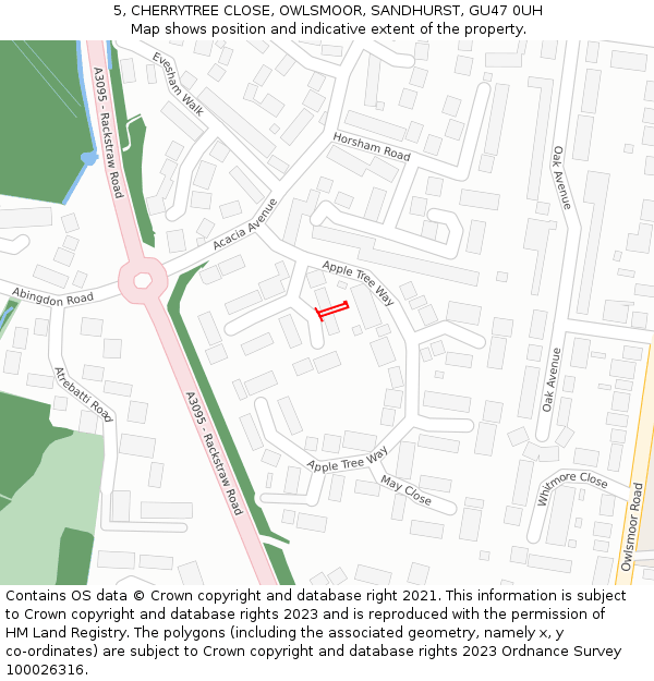 5, CHERRYTREE CLOSE, OWLSMOOR, SANDHURST, GU47 0UH: Location map and indicative extent of plot