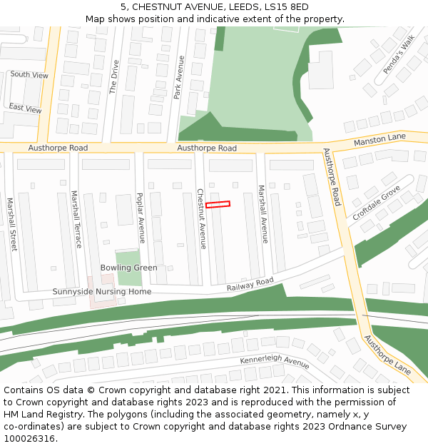 5, CHESTNUT AVENUE, LEEDS, LS15 8ED: Location map and indicative extent of plot