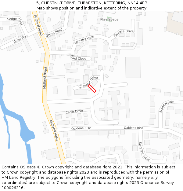 5, CHESTNUT DRIVE, THRAPSTON, KETTERING, NN14 4EB: Location map and indicative extent of plot