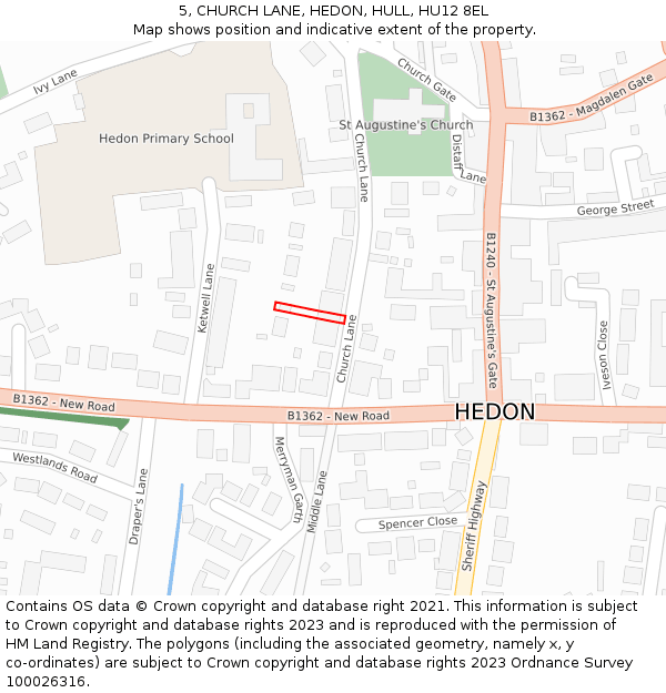 5, CHURCH LANE, HEDON, HULL, HU12 8EL: Location map and indicative extent of plot