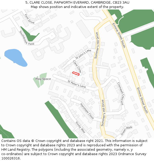 5, CLARE CLOSE, PAPWORTH EVERARD, CAMBRIDGE, CB23 3AU: Location map and indicative extent of plot