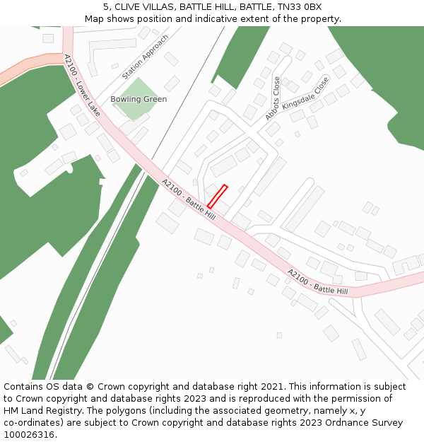 5, CLIVE VILLAS, BATTLE HILL, BATTLE, TN33 0BX: Location map and indicative extent of plot