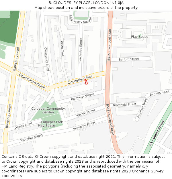 5, CLOUDESLEY PLACE, LONDON, N1 0JA: Location map and indicative extent of plot