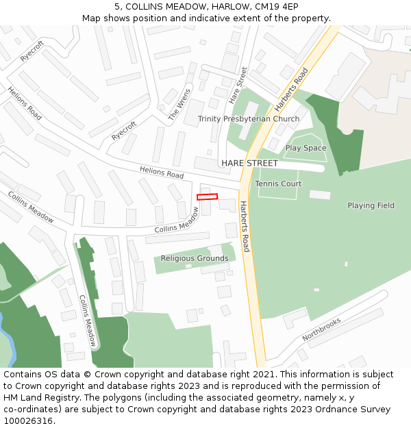 5, COLLINS MEADOW, HARLOW, CM19 4EP: Location map and indicative extent of plot