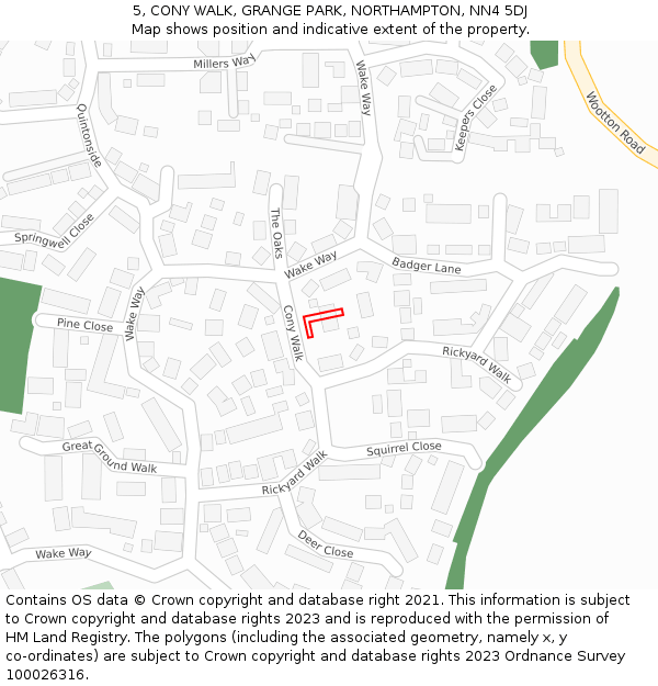 5, CONY WALK, GRANGE PARK, NORTHAMPTON, NN4 5DJ: Location map and indicative extent of plot