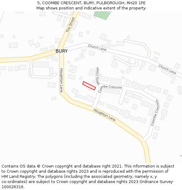 5, COOMBE CRESCENT, BURY, PULBOROUGH, RH20 1PE: Location map and indicative extent of plot