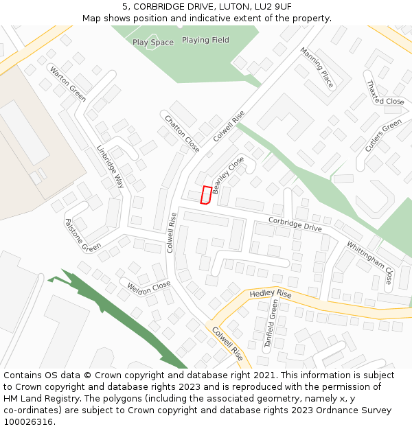 5, CORBRIDGE DRIVE, LUTON, LU2 9UF: Location map and indicative extent of plot