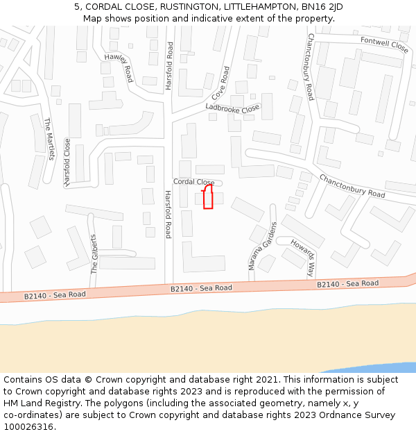 5, CORDAL CLOSE, RUSTINGTON, LITTLEHAMPTON, BN16 2JD: Location map and indicative extent of plot