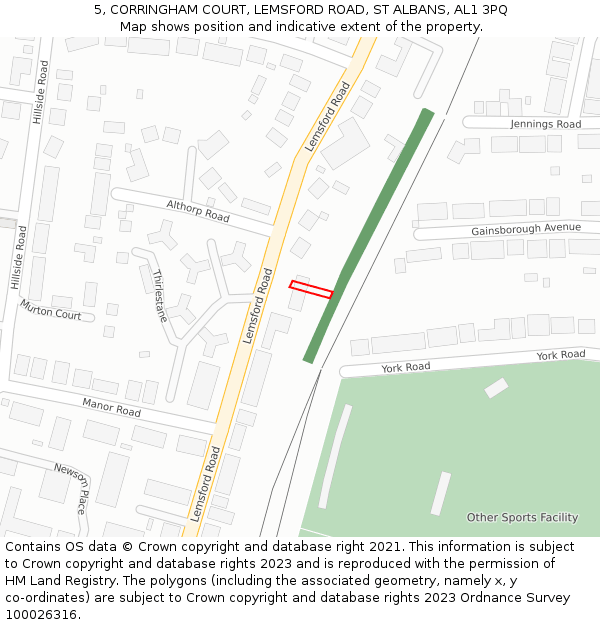 5, CORRINGHAM COURT, LEMSFORD ROAD, ST ALBANS, AL1 3PQ: Location map and indicative extent of plot