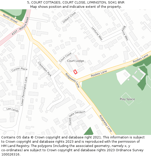 5, COURT COTTAGES, COURT CLOSE, LYMINGTON, SO41 8NR: Location map and indicative extent of plot