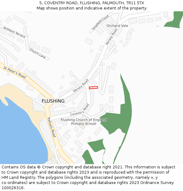 5, COVENTRY ROAD, FLUSHING, FALMOUTH, TR11 5TX: Location map and indicative extent of plot