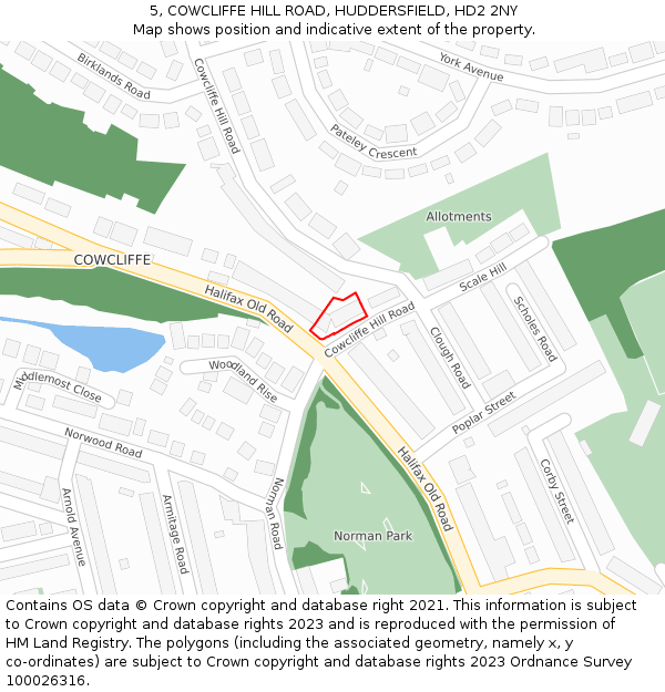 5, COWCLIFFE HILL ROAD, HUDDERSFIELD, HD2 2NY: Location map and indicative extent of plot