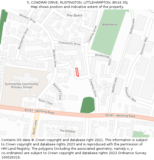 5, COWDRAY DRIVE, RUSTINGTON, LITTLEHAMPTON, BN16 3SJ: Location map and indicative extent of plot