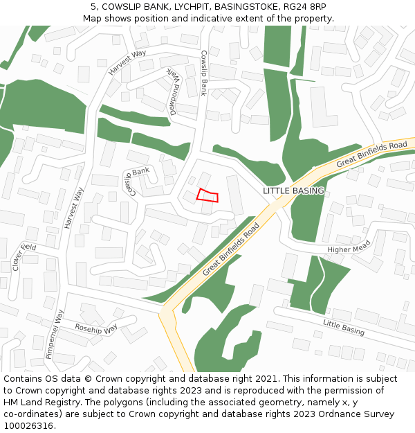 5, COWSLIP BANK, LYCHPIT, BASINGSTOKE, RG24 8RP: Location map and indicative extent of plot