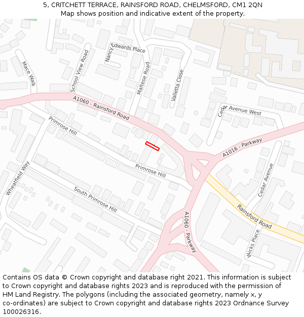 5, CRITCHETT TERRACE, RAINSFORD ROAD, CHELMSFORD, CM1 2QN: Location map and indicative extent of plot