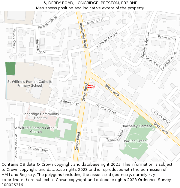 5, DERBY ROAD, LONGRIDGE, PRESTON, PR3 3NP: Location map and indicative extent of plot