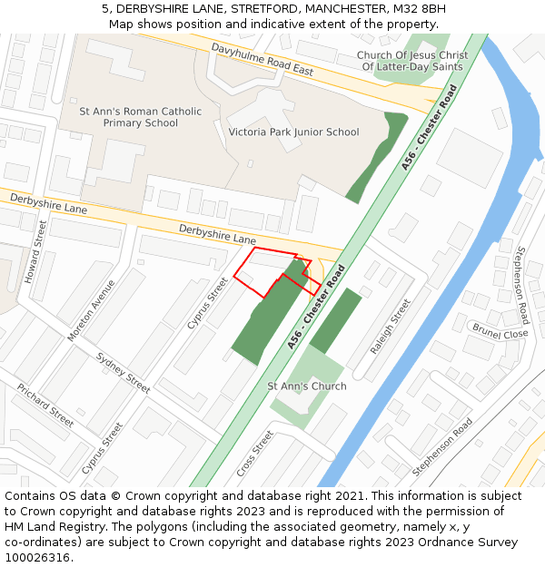 5, DERBYSHIRE LANE, STRETFORD, MANCHESTER, M32 8BH: Location map and indicative extent of plot