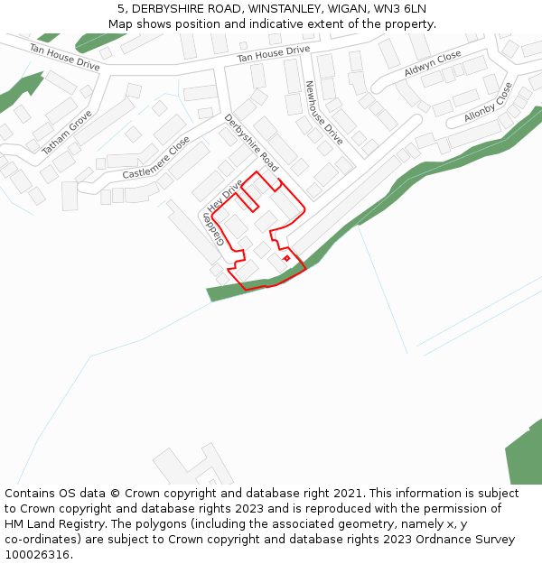 5, DERBYSHIRE ROAD, WINSTANLEY, WIGAN, WN3 6LN: Location map and indicative extent of plot
