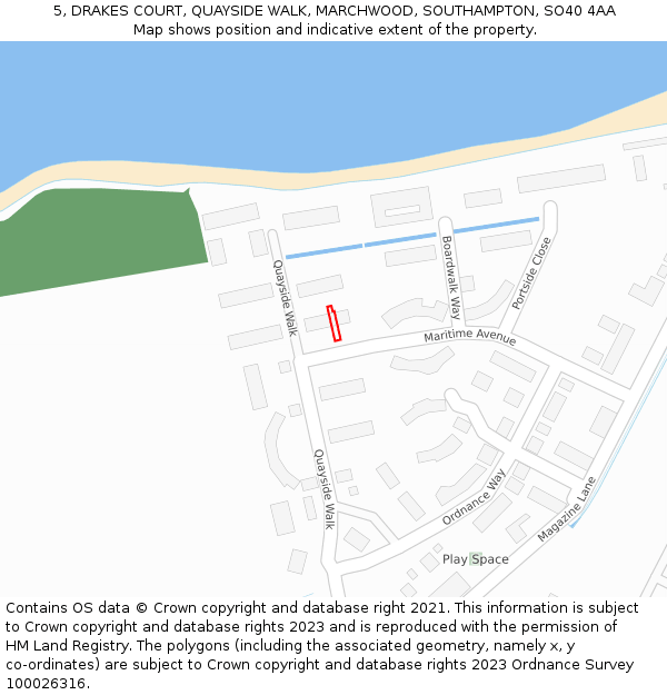 5, DRAKES COURT, QUAYSIDE WALK, MARCHWOOD, SOUTHAMPTON, SO40 4AA: Location map and indicative extent of plot