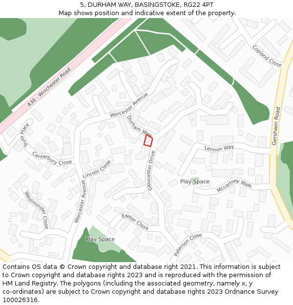 5, DURHAM WAY, BASINGSTOKE, RG22 4PT: Location map and indicative extent of plot