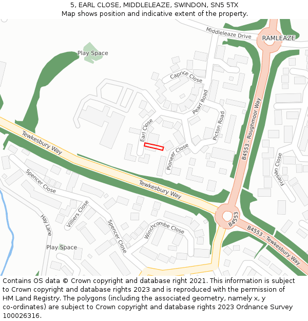 5, EARL CLOSE, MIDDLELEAZE, SWINDON, SN5 5TX: Location map and indicative extent of plot