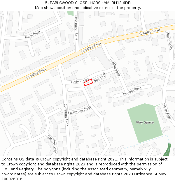 5, EARLSWOOD CLOSE, HORSHAM, RH13 6DB: Location map and indicative extent of plot
