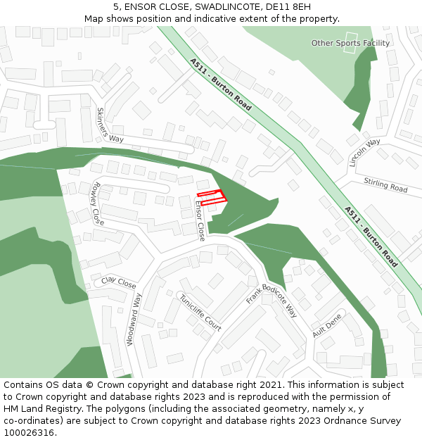 5, ENSOR CLOSE, SWADLINCOTE, DE11 8EH: Location map and indicative extent of plot