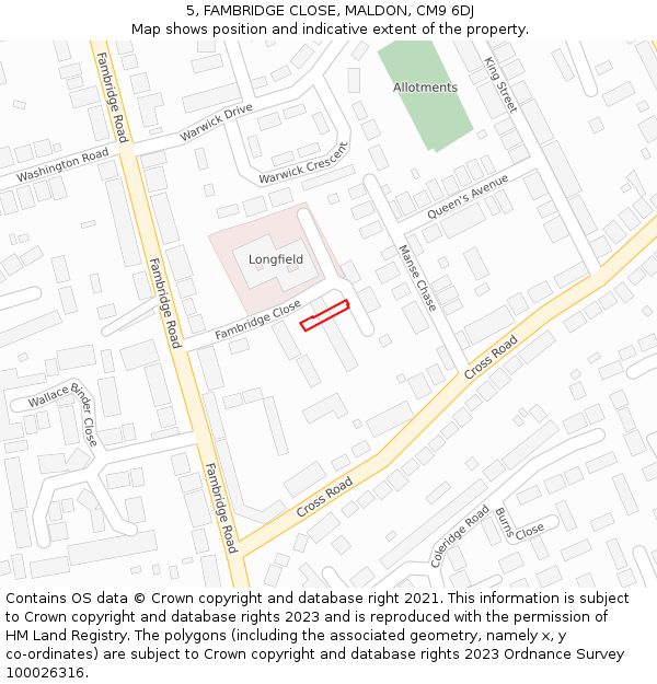5, FAMBRIDGE CLOSE, MALDON, CM9 6DJ: Location map and indicative extent of plot