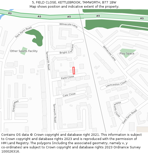5, FIELD CLOSE, KETTLEBROOK, TAMWORTH, B77 1BW: Location map and indicative extent of plot