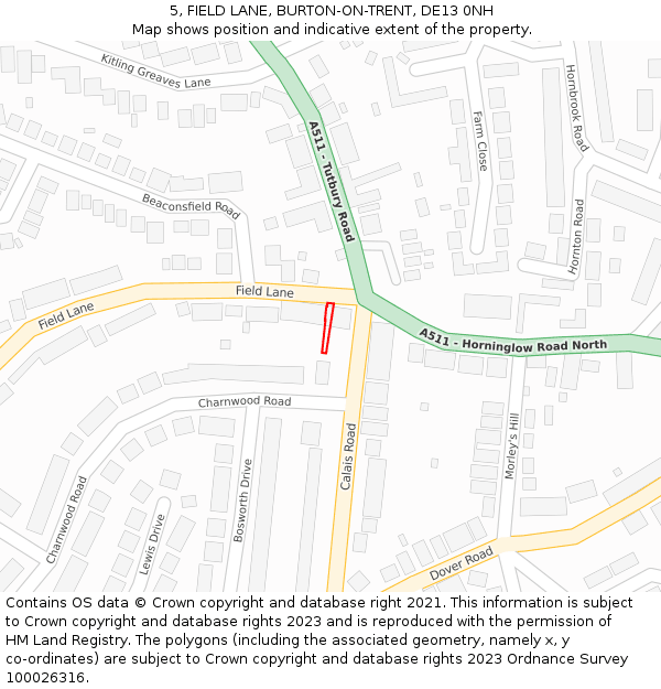 5, FIELD LANE, BURTON-ON-TRENT, DE13 0NH: Location map and indicative extent of plot