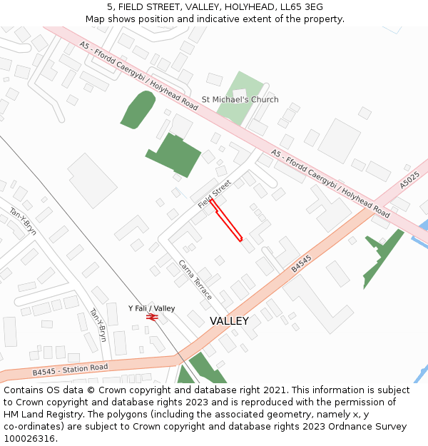 5, FIELD STREET, VALLEY, HOLYHEAD, LL65 3EG: Location map and indicative extent of plot