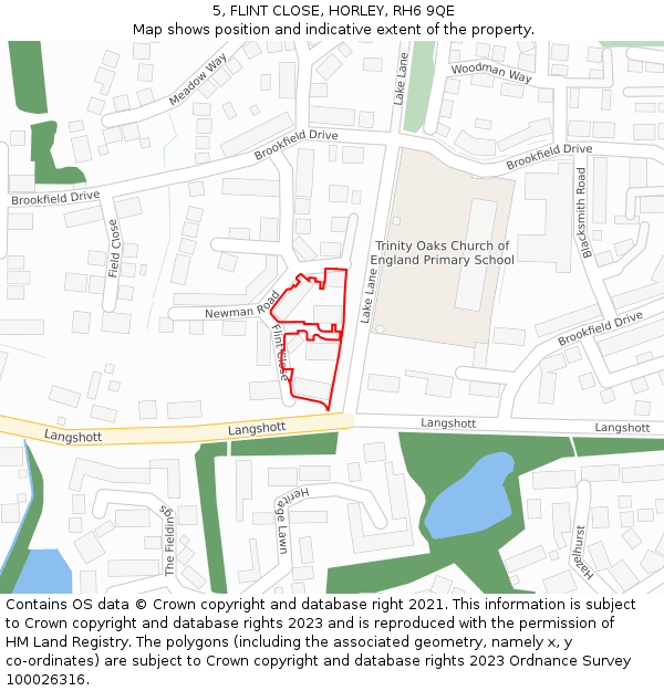 5, FLINT CLOSE, HORLEY, RH6 9QE: Location map and indicative extent of plot