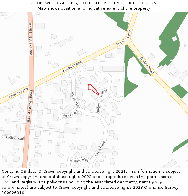 5, FONTWELL GARDENS, HORTON HEATH, EASTLEIGH, SO50 7NL: Location map and indicative extent of plot