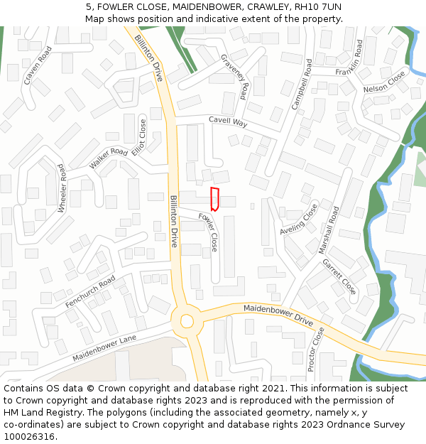 5, FOWLER CLOSE, MAIDENBOWER, CRAWLEY, RH10 7UN: Location map and indicative extent of plot