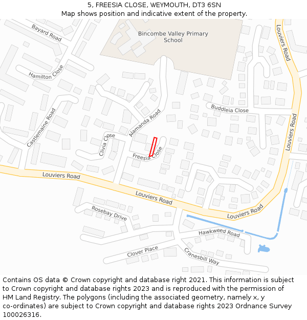 5, FREESIA CLOSE, WEYMOUTH, DT3 6SN: Location map and indicative extent of plot