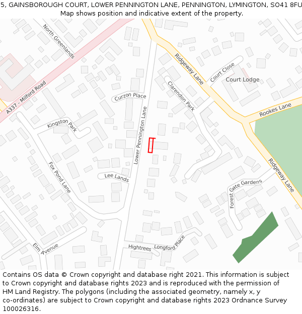 5, GAINSBOROUGH COURT, LOWER PENNINGTON LANE, PENNINGTON, LYMINGTON, SO41 8FU: Location map and indicative extent of plot