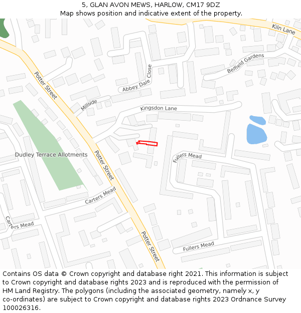 5, GLAN AVON MEWS, HARLOW, CM17 9DZ: Location map and indicative extent of plot