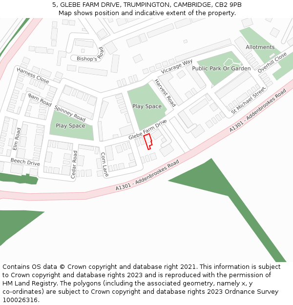5, GLEBE FARM DRIVE, TRUMPINGTON, CAMBRIDGE, CB2 9PB: Location map and indicative extent of plot