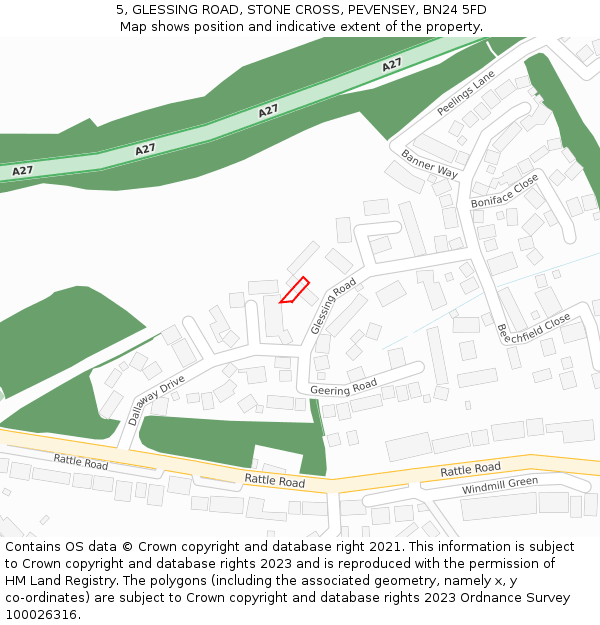 5, GLESSING ROAD, STONE CROSS, PEVENSEY, BN24 5FD: Location map and indicative extent of plot