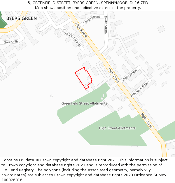5, GREENFIELD STREET, BYERS GREEN, SPENNYMOOR, DL16 7PD: Location map and indicative extent of plot