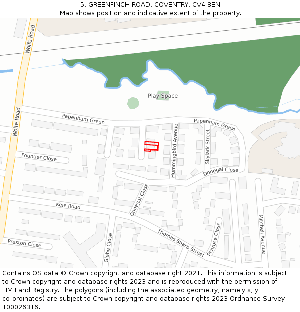5, GREENFINCH ROAD, COVENTRY, CV4 8EN: Location map and indicative extent of plot