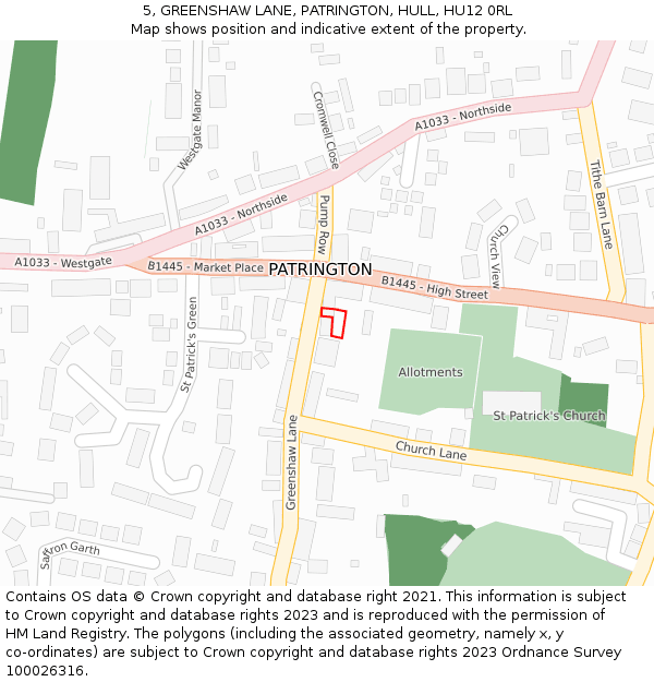 5, GREENSHAW LANE, PATRINGTON, HULL, HU12 0RL: Location map and indicative extent of plot