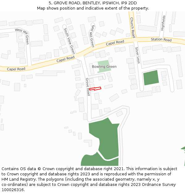 5, GROVE ROAD, BENTLEY, IPSWICH, IP9 2DD: Location map and indicative extent of plot