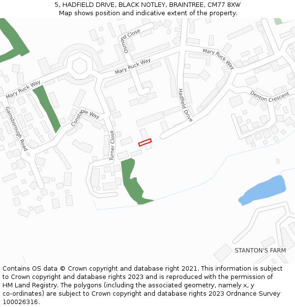 5, HADFIELD DRIVE, BLACK NOTLEY, BRAINTREE, CM77 8XW: Location map and indicative extent of plot