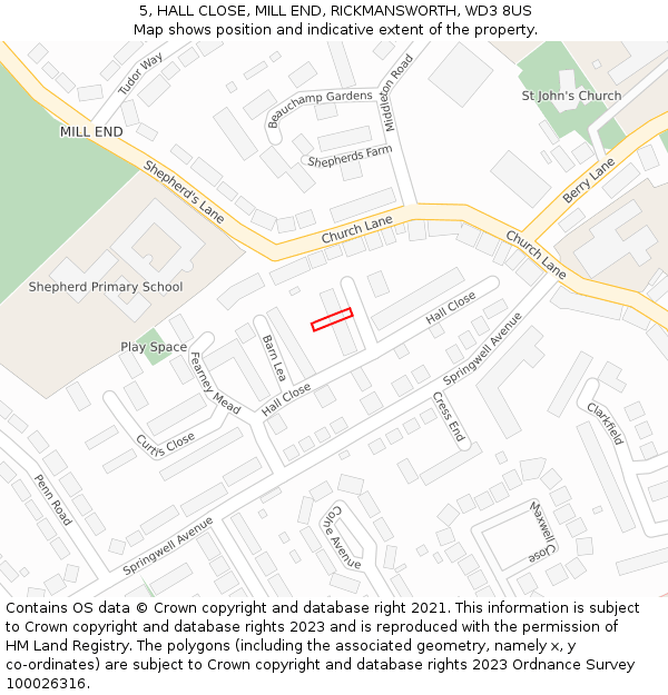 5, HALL CLOSE, MILL END, RICKMANSWORTH, WD3 8US: Location map and indicative extent of plot