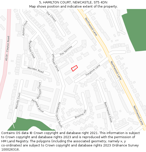 5, HAMILTON COURT, NEWCASTLE, ST5 4DN: Location map and indicative extent of plot