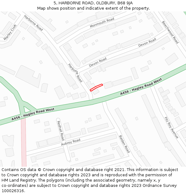 5, HARBORNE ROAD, OLDBURY, B68 9JA: Location map and indicative extent of plot